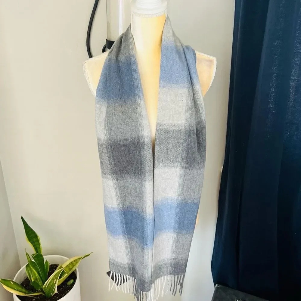 PHENIX Cashmere Mixed Weave Buffalo Plaid Scarf, Soft Luxurious, Blue Plaid, NWT